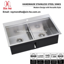 OEM American cUpc Topmount or Undermount Kitchen Sink with Tap Hole, Stainless Steel Step Handmade Kitchen Sink with Double Bowl